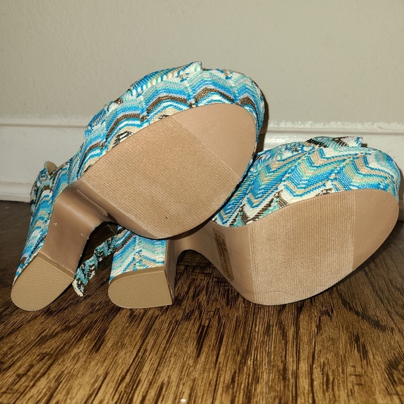 Teal Blue Colorful Qupid Chevron Knitted Chunky Platform Ankle Strap Heels - Picture 4 of 4